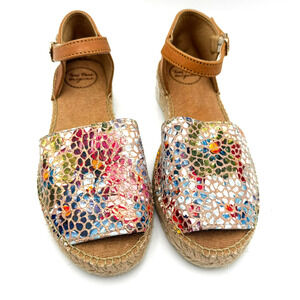 TONI‎ PONS New Women's 8 Floral Mosaic Espadrille Peep Toe Sandals Leather Spain